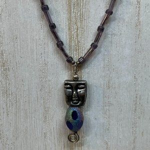 ARTISAN HANDMADE Dark Sterling Silver FACE Pendant on Delicate Beaded Necklace!
